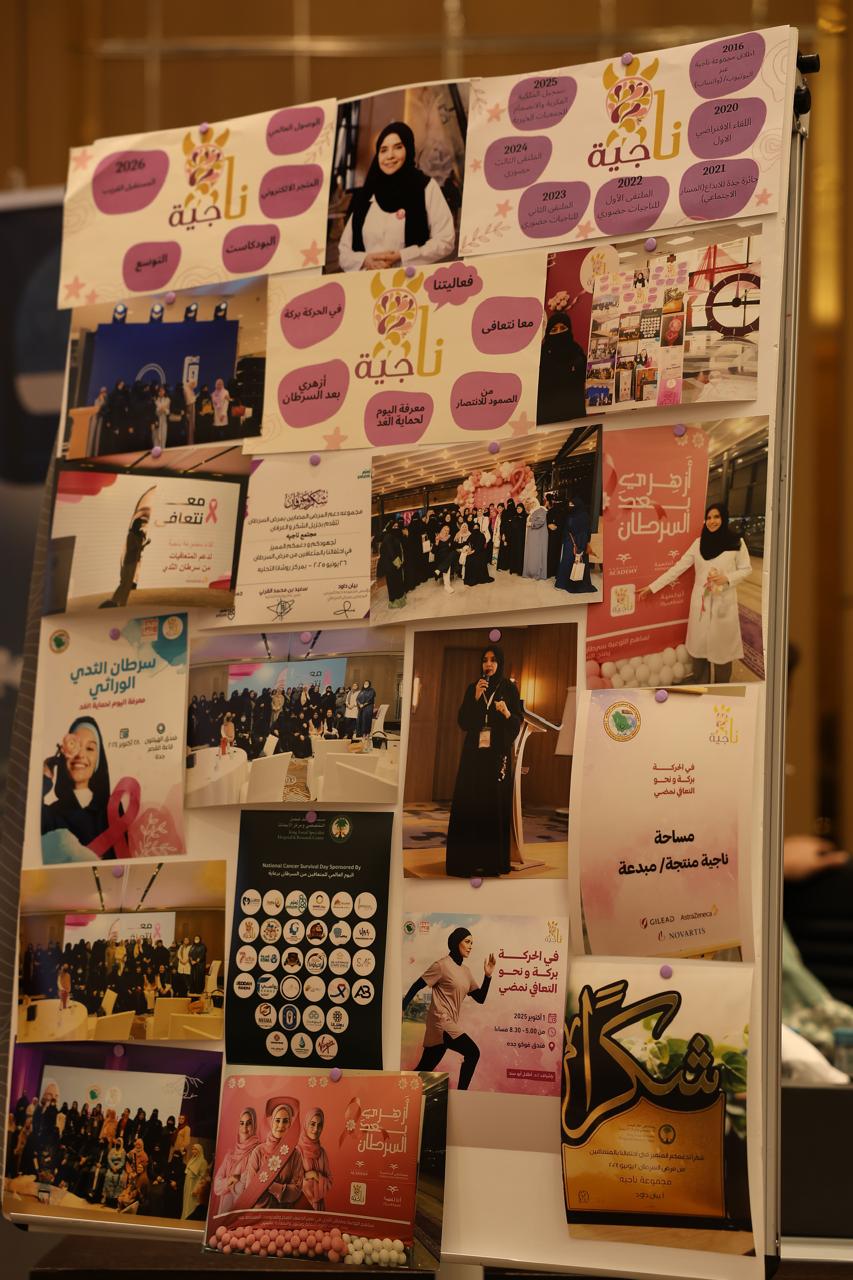 لوحة محطات مجتمع ناجية، وفيها ملصق هذا الملتقى ولافتة «مساحة ناجية منتجة / مبدعة».